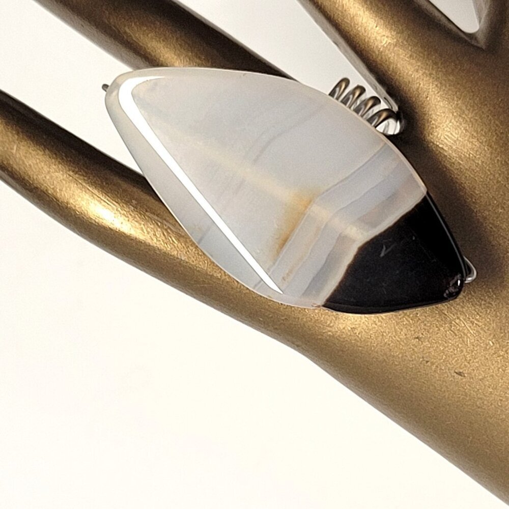 Banded White Black Agate Polished Ring Adjustable Band Semi Precious Ring